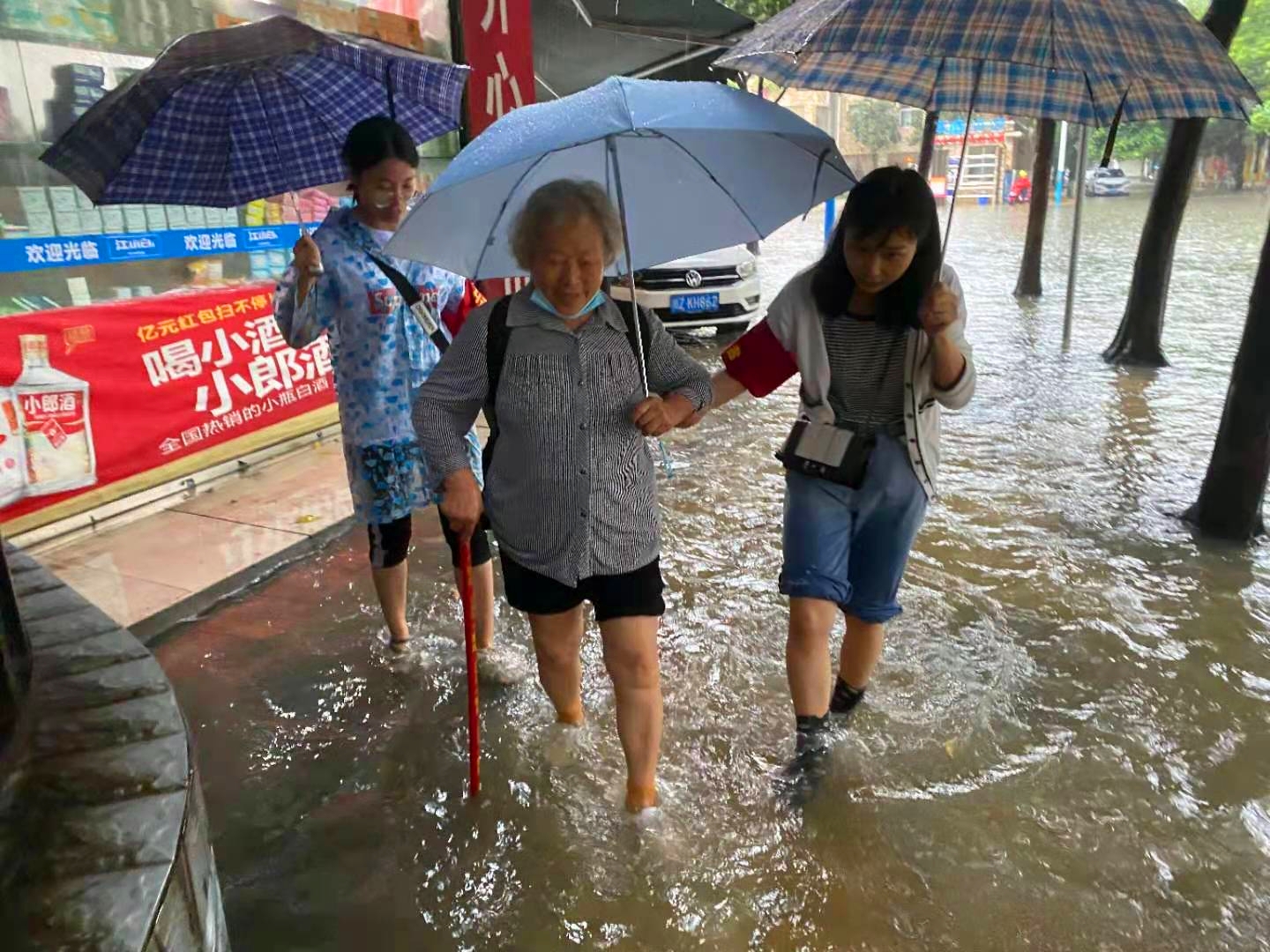 今年汛期，東坡區大石橋街道工作人員攙扶老人過馬路。（資料圖片）