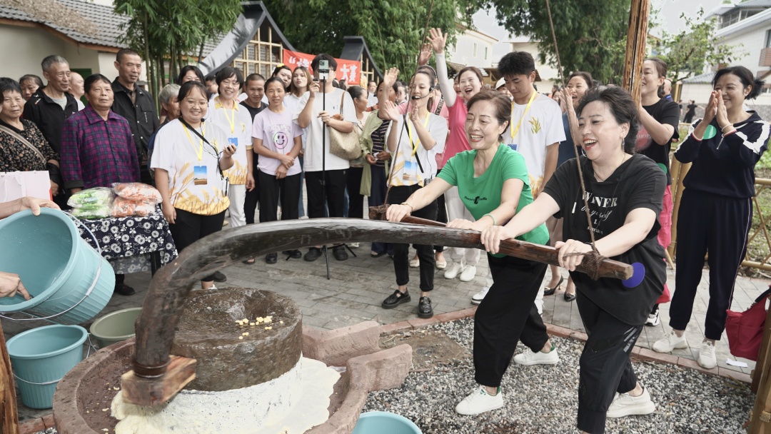 9月22日，在2023年青神縣中國農民豐收節上，游客體驗推石磨等農事活動。.jpeg