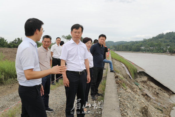 8月19日，在府河彭山江口段，胡元坤聽取堤防水毀點應急搶險情況。眉山在線記者 雷同 攝